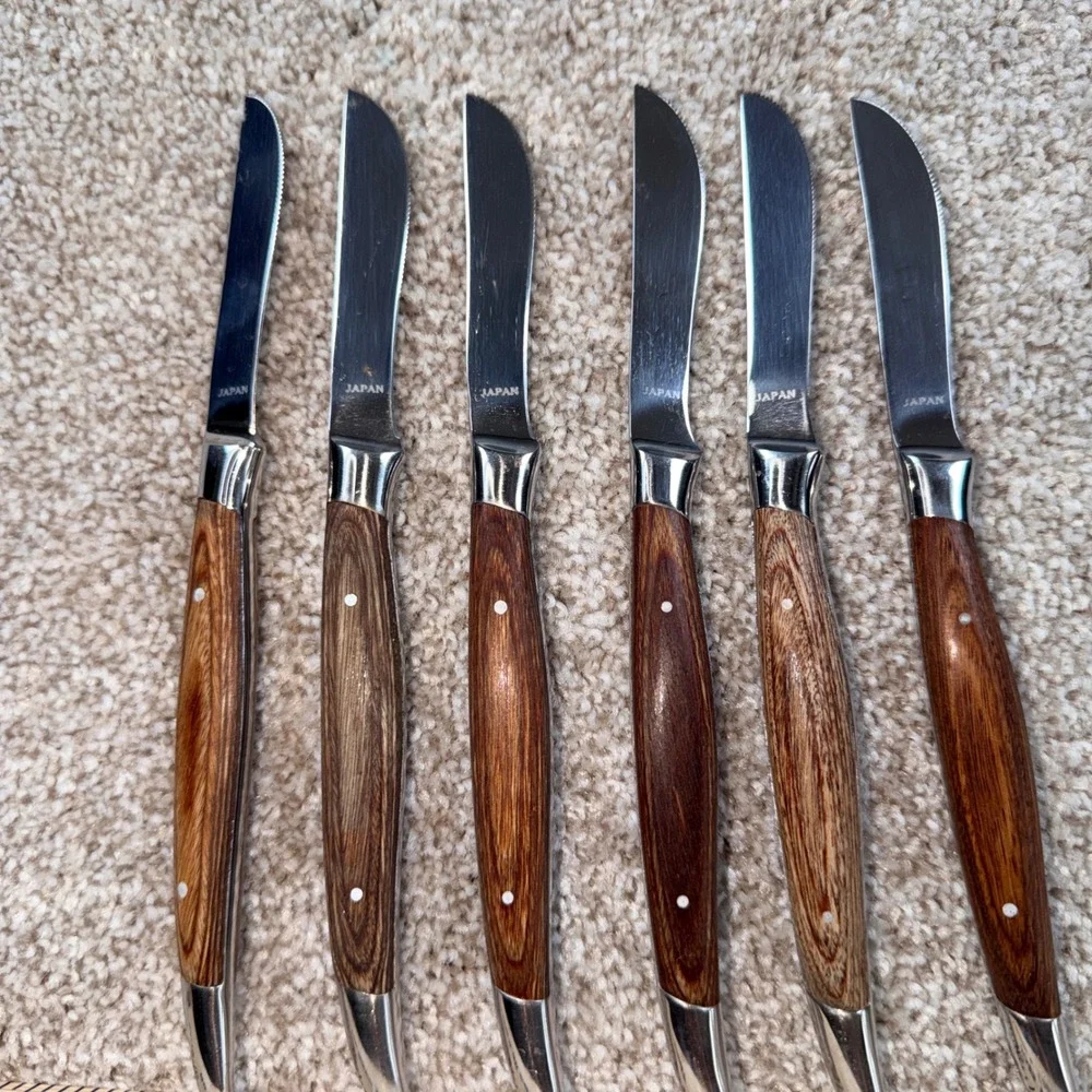 Vintage Hull Stainless Steak Knife Set 6pc Faux Wood Grain Handles Japan Case